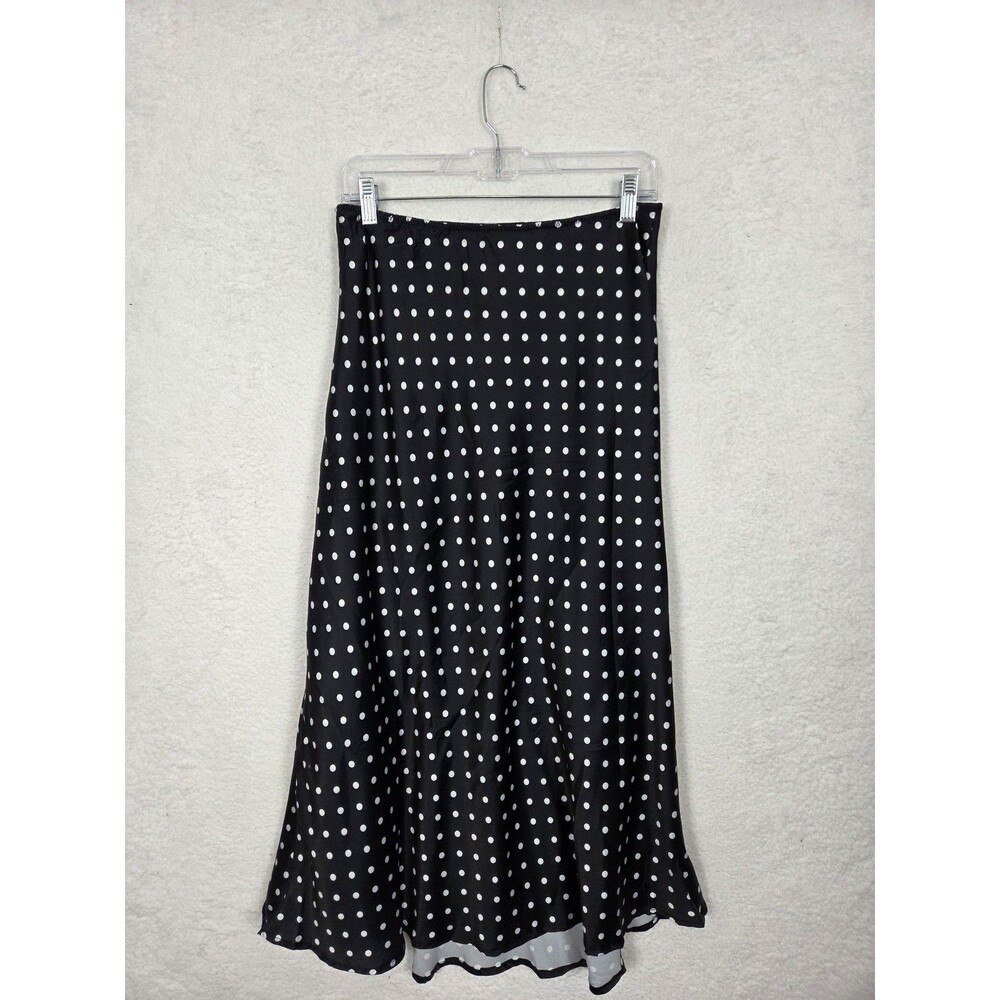 Womens Polka Dot Satin‎ A-Line Skirt S Black White Long Lined Slit Retro Modest